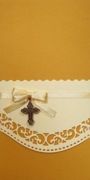 Плик за пари с кръстче за кръщене с цвят горчица